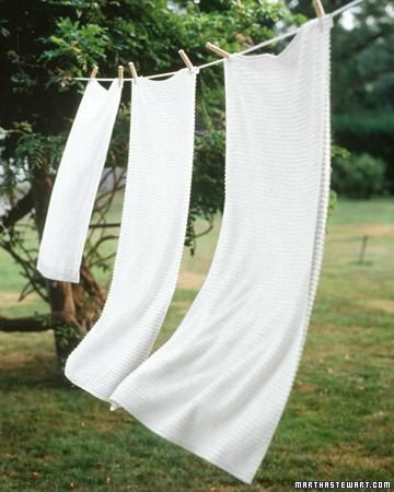 Airing Out  Hanging your pillows and comforters out on a clothesline several times per year can keep them smelling fresh and minimize the need for laundering. Clothesline Diy, Brighten Whites, Martha Stewart Home, Living Vintage, Friday Favorites, Laundry Hacks, White Towels, Clothes Line, The Grass