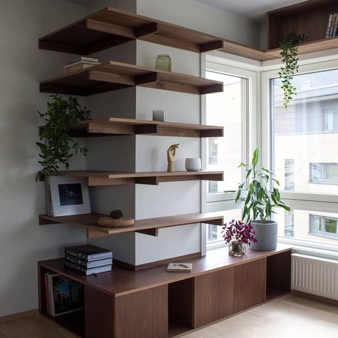 Interior Columns Ideas, Column Design Ideas, Modular Shelves, Column Ideas, Walnut Shelf, Interior Columns, West East, Walnut Shelves, Norwegian Design