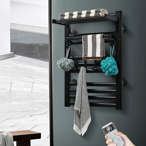 Towel Warmer Rack, Heated Towel Warmer, Toallero Ideas, Towel Heater, Electric Towel Warmer, Heated Towel Rack, Wall Mount Rack, Black Towels, Shower Time