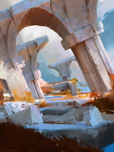 Temple Ruins Concept Art, Fantasy Temple Art, Ruins Concept Art, Ruins Illustration, Temple Concept Art, Old Temple, Landscape Concept, Fantasy Art Landscapes, Fantasy Concept Art