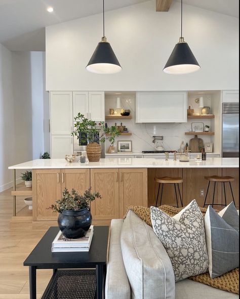 Herringbone Tile Wall, White Subway Tile Kitchen, White Herringbone Tile, Light Wood Kitchens, White Farmhouse Sink, Dark Wood Kitchens, Wood Island, Black Countertops, Wood Kitchen Island