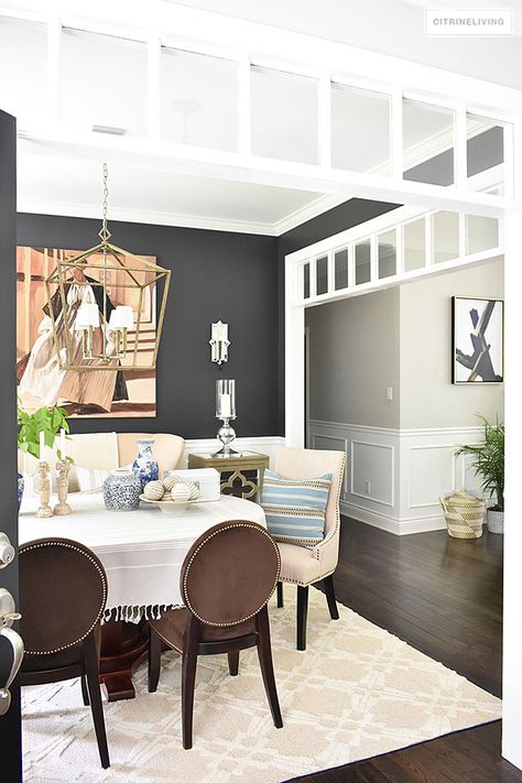 OUR DINING ROOM UPDATE: GREY PAINT COLOR DILEMMA Black Painted Walls, Dining Room Paint Colors, Dining Room Updates, Dining Room Paint, Dining Room Remodel, Dining Room Colors, Behr Paint, Dark Furniture, Summer Living