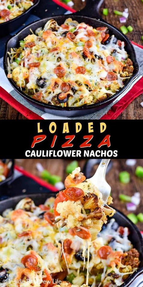 Loaded Pizza Cauliflower Nachos - make healthy nachos by topping roasted cauliflower with cheese and your favorite pizza toppings.  Make this easy recipe when you need a low carb meal! #pizza #cauliflower #healthy #leanandgreen #healthynachos #lowcarb Roasted Cauliflower With Cheese, Cauliflower With Cheese, Keto Cauliflower Recipes, Cauliflower Nachos, Pizza Cauliflower, Healthy Nachos, Loaded Cauliflower, Low Carb Low Fat Recipes, Soup Appetizers