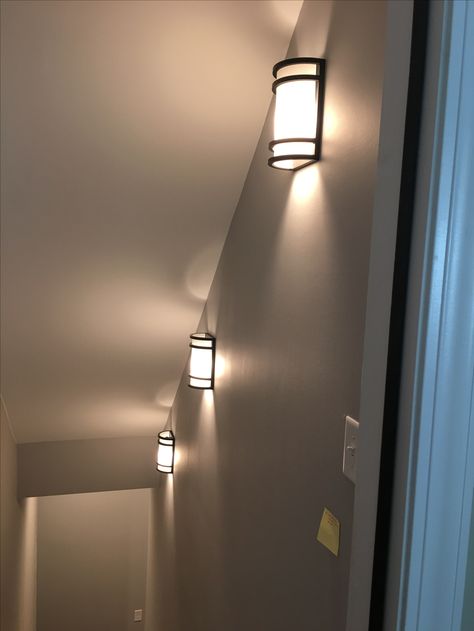 Wall Sconces Basement Stairs, Sconces Basement Stairs, Going Down Basement Stairs, Lights For Basement Stairwell, Basement Stair Lighting Fixture, Basement Stairs Lighting Ideas, Farmhouse Stair Lighting, Basement Stairway Lights, Basement Steps Lighting