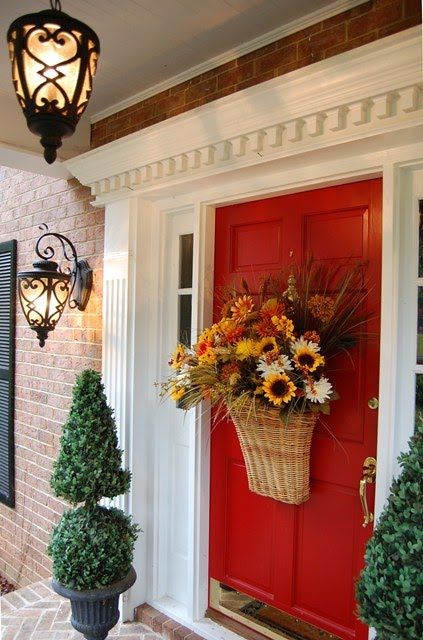 Welcome Fall with an Autumn basket for your front door!   http://betweennapsontheporch.net Front Porch Addition, Wreath Inspiration, Red Front Door, Wood Exterior Door, Wood Interior Design, Fall Door Hangers, Painted Front Doors, Front Door Colors, Front Porch Decorating