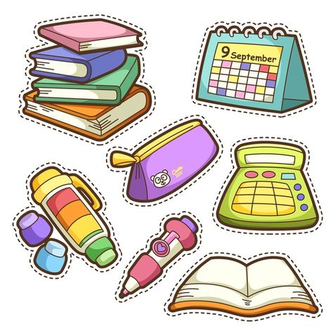 School set. set of different school item... | Premium Vector #Freepik #vector #calendar #school #baby #education Stiker Macbook, Back To School Pictures, Penanda Buku, School Tool, Pola Kartu, School Clipart, School Sets, School Stickers, Kawaii Doodles