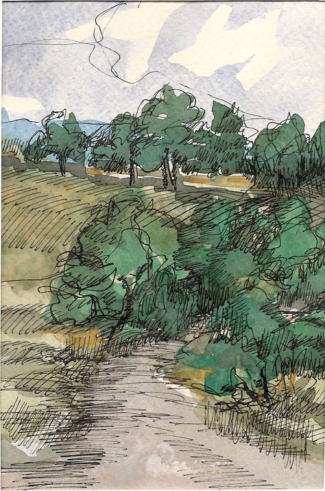 Pen and Ink and Watercolor Watercolour And Pen Art Landscape, Pen And Ink Watercolor Paintings, Forest Ink Drawing, Landscape Markers, Pen Ink Landscape, Pen Work Landscape, Spring Feast, Ink Illustrations Forest, Interesting Trees