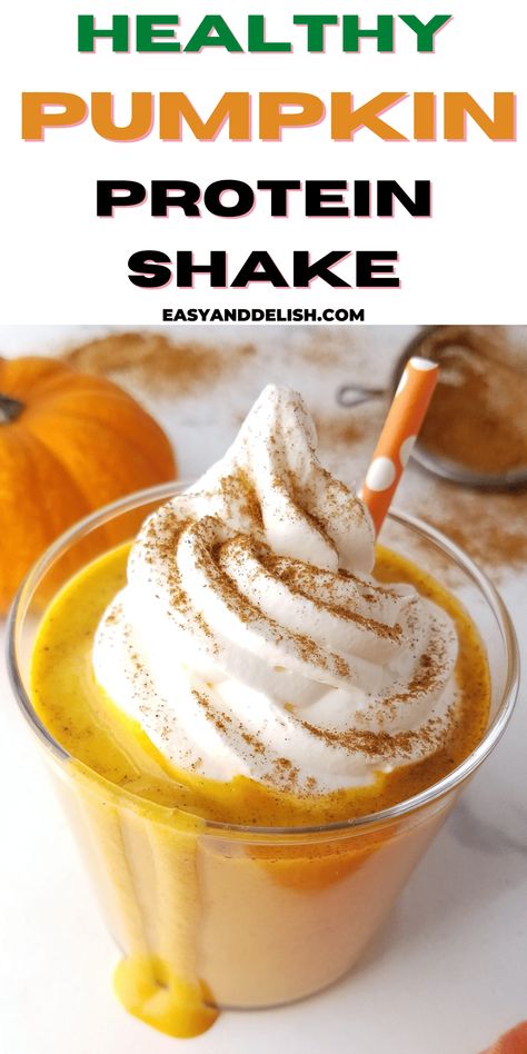 This pumpkin spice protein shake is made with healthy ingredients in just 5 minutes, resulting in a creamy and smooth post-workout drink to curb your pumpkin pie cravings while gaining muscle. It is low-carb and high-protein! Pumpkin Spice Protein Shake, Vanilla Protein Shake Recipes, Pumpkin Protein Smoothie, Pumpkin Pie Protein Shake, Pumpkin Protein Shake, Pumpkin Shake, Pumpkin Pie Shake, Healthy Pumpkin Pie, Protein Milkshake