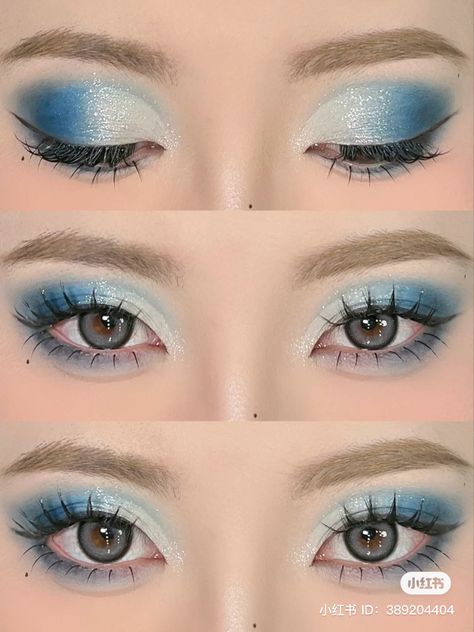 Blue Eyeshadow 80s, White And Blue Makeup Looks, Blue Makeup For Prom, Blue And White Eyeshadow Looks, Quince Makeup Blue, Blue Eyeshadow Makeup Looks, Blue And White Makeup, Makeup Azul, Cinderella Makeup