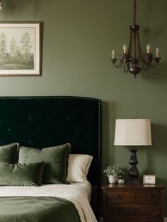 Forest Green Velvet Bed, Dark Green Velvet Headboard, Velvet Green Bed Frame, Dark Green Upholstered Bed, Olive Green Bedroom Panelling, Dark Green Velvet Bed, Dark Green Master Bed, Dark Green Bed Frame, Vintage Green Bedroom Ideas