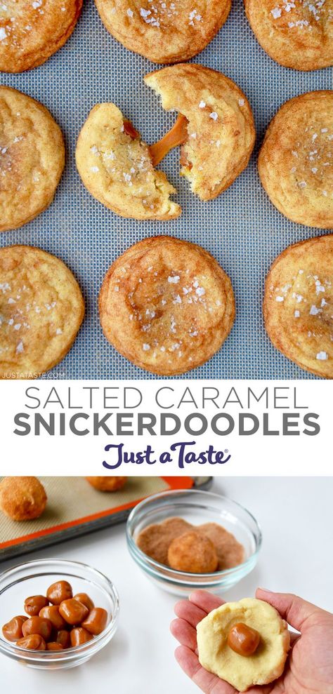 Top image: A top-down view of a snickerdoodle cookie with a gooey caramel center. Bottom image: A hand holds cookie dough with a chewy caramel in its center. Easy Bake Desserts, Caramel Snickerdoodles, Gooey Desserts, Chewy Caramel, Buttercream Chocolate, Snickerdoodle Recipe, Gooey Caramel, Fudge Cookies, Snickerdoodle Cookies