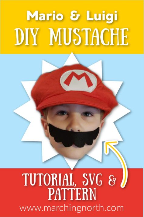 Mario & Luigi Mustache DIY Simple Hack for Halloween + Free SVG & PDF Files! - Marching North Mario And Luigi Mustache Template, Mario Mustache Printable, Luigi Mustache, Mario Mustache, Mario Costume Diy, Mustache Diy, Mario And Luigi Hats, Mario Bros Costume, Luigi Hat