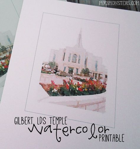 Free Printable Watercolor Image of the Gilbert LDS Temple at my3monsters.com Free Watercolor Printable, Gilbert Temple, Temple Watercolor, Temple Art, Lds Temple, Watercolor Printable, Churches Of Christ, Lds Temples, Watercolor Images