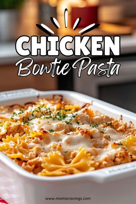 Quick and Easy Chicken Bowtie Pasta Recipe | Try this quick and easy Chicken Bowtie Pasta, perfect for a family dinner on a budget. This creamy bowtie pasta with shredded chicken, cream cheese, and a blend of cheeses is baked to perfection. Ideal for weeknight dinners, this recipe combines the best of creamy pasta and hearty chicken. Bow Tie Pasta Recipes | Quick and Easy Dinner Recipes for Family Cheap |  Chicken Breast Recipes Boneless Bow Tie Pasta Bake, Baked Bowtie Pasta Recipes, Pasta Rotisserie Chicken Recipes, Supper Ideas With Chicken Breast, Chicken Bow Tie Pasta Recipes, Chicken And Bowtie Pasta Recipes, Bow Tie Pasta Recipes Chicken, Easy Bow Tie Pasta Recipes, Creamy Bowtie Pasta Recipes