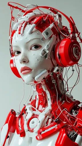 ↑↑↑ Larger size on website 🔸 A humanoid robot with a white face and red robotic parts is wearing red headphones. The robot has a Robot Fashion Design, Robot Humanoid, Robot Fashion, Red Headphones, Wearable Robots, Futuristic Clothing, Red Robot, Humanoid Robot, Angel Artwork