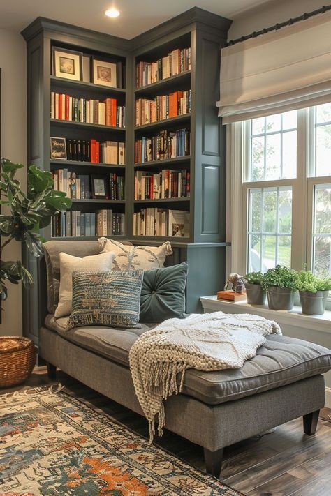 Bookcase Around Window Living Room, Small Living Room With Bookshelves, Small In Home Library, Bookish Living Room, Library Sitting Room Ideas, Library And Office Room, Library Sitting Area, Library In Living Room, Library In House