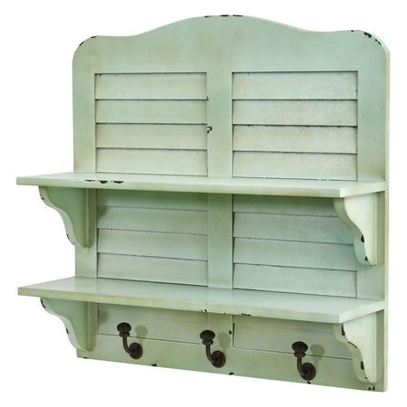 Created from the finest materials, this vintage shelf has two shelf spaces set against the backdrop of faux window shutters and three storage hooks. In light green, the bold, yet faded, color will give any room a retro look. Size: 20" H x 20" W x 6.5" D.  Color: Off-White. Shutter Shelf, Shutter Wall, Wall Shelf With Hooks, Window Shutter, Vintage Shelving, Faux Window, Vintage Window, Vintage Shelf, Chic Wallpaper