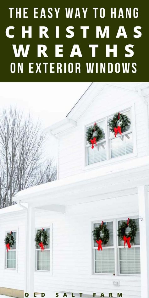 Wreaths On Exterior Windows, Christmas Wreath On Windows Outdoor, Exterior Christmas Decorations, Christmas Wreaths For Windows, Outdoor Christmas Wreaths, Exterior Windows, Outside Christmas Decorations, Window Wreath, Christmas Window Decorations