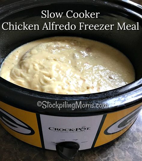 Slow Cooker Chicken Alfredo Freezer Meal is so easy to make with only 4 ingredients and it tastes so good! Make Ahead Chicken Alfredo, Chicken Alfredo Freezer Meal, Alfredo Freezer Meal, Slow Cooker Alfredo, Slow Cooker Chicken Alfredo, Frozen Recipes, Crockpot Chicken Alfredo, Slower Cooker, Dump Recipes