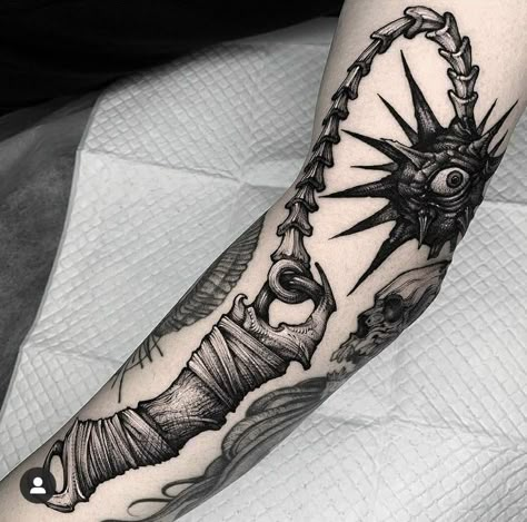 Flail Tattoo, Emo Tattoos, Medieval Tattoo, Scary Tattoos, Clever Tattoos, Fire Tattoo, Creepy Tattoos, Baby Tattoos, Dark Tattoo