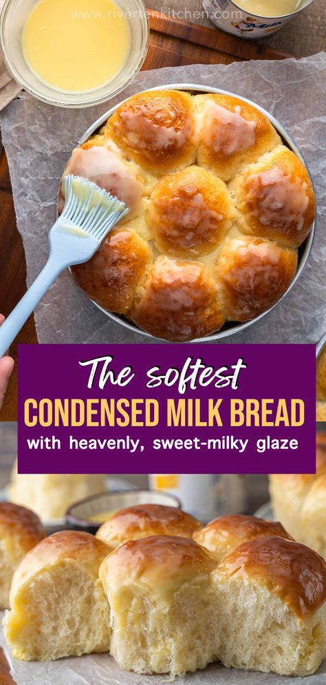 soft milk bread glazed with condensed milk and butter. Sweet Milk Bread, Condensed Milk Bread, Condensed Milk Recipes Desserts, Milk Recipes Dessert, Sweetened Condensed Milk Recipes, Fluffy Bread, Milk Bread Recipe, Japanese Milk Bread, Sweet Condensed Milk