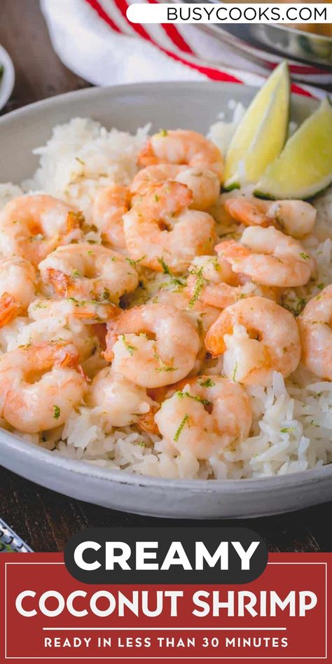 Make this savory, sweet coconut shrimp at home with simple ingredients and less than 30 minutes! It’s dairy-free and seriously satisfying! Creamy Coconut Shrimp, Steamed White Rice, Frozen Shrimp, Holiday Dessert Recipes, Canned Coconut Milk, Coconut Shrimp, How To Cook Shrimp, Foodie Recipes, White Rice