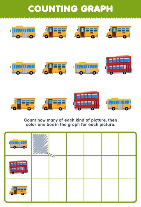 Education game for children count how many cute cartoon bus then color the box in the graph printable transportation worksheet Transportation Worksheet, Vector Typography, Game For Children, Logo Banners, Cityscape Photos, Presentation Slides, Marketing Design, Custom Illustration, Background Banner