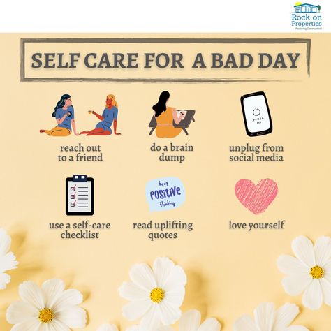 What do you do to look after yourself when you're having a bad day? ❤️‍🔥 SHARE, LIKE, and FOLLOW us at Rock On Properties Page and our other Social Media accounts. 🤗 #RockOnProperties #RealEstateInvestor #RestoringCommunities #WeBuyHouses #Arizonarealestate #investmentproperty #selfcare #Tips #loveyourself #mentalhealthmatters #mentalhealthawareness #mentalhealthtips #badmentalhealthday Selfcare Tips, Tuesday Tips, We Buy Houses, Mental Health Day, Social Media Accounts, Look After Yourself, Rock On, Real Estate Investor, Having A Bad Day