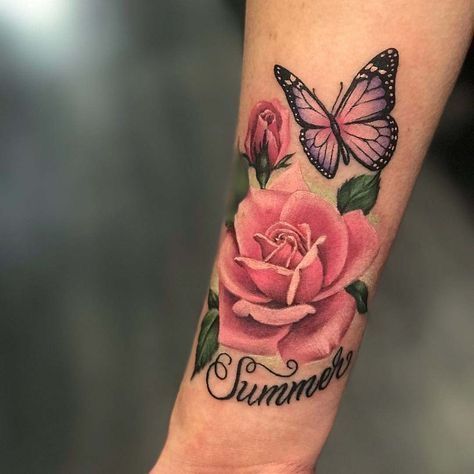 Pink Rose Tattoo, Rose And Butterfly Tattoo, Fonts Tattoo, Watercolor Rose Tattoos, Pink Rose Tattoos, Rose Tattoos For Women, Pink Tattoo, Butterfly Tattoos For Women, Foot Tattoos For Women