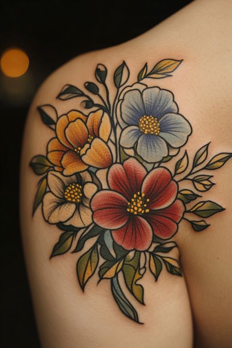 Floral tattoo with red, blue, and orange flowers on a person's shoulder. Neo Traditional Tattoos For Women, Flower Tattoos For Women Shoulder, Black Flower Tattoo Cover Up, American Traditional Peony Tattoo, American Traditional Sleeve Woman, Peony Tattoo Color, Neotraditional Flower Tattoo, Traditional Tattoos Flower, American Traditional Flower Tattoo