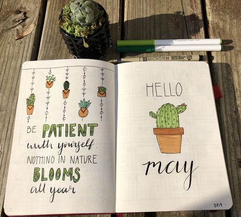 My May 2019 theme. Loving the nature and green 🌵🌿 #bujo #may2019 #cactus #quotes #plants #bulletjournal #bulletjournalideas Bujo Cactus Theme, Nature Bujo Theme, Green Theme Journal Ideas, Green Bujo Theme, Green Bujo, Bujo May, May Bullet Journal Cover, Habit Book, March Bujo