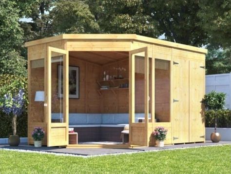 The 5 Best Corner Garden Buildings Available | Blog Summer House Design, Corner Sheds, Corner Summer House, Summer House Garden, Summer Houses, Corner Garden, Shed Plan, Outdoor Sheds, Building A Shed