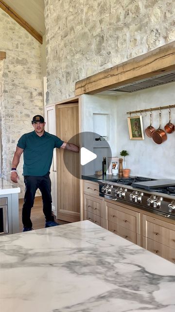 Hidden Pantry Door, Stone Kitchen Hood, Stone Range Hood, One Wall Kitchen, Stone Backsplash Kitchen, Hidden Pantry, Large Fridge, Hidden Kitchen, Modern Rustic Homes