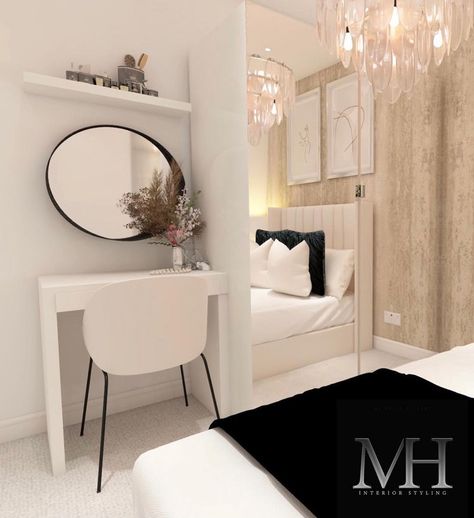 Makeup Area In Bedroom Small Spaces, Corner Bookshelves Bedroom, Narrow Dressing Table, Dressing Table For Small Space, Bed Against Wall, Corner Dressing Table, Girls Dressing Table, Small Makeup Vanities, Small Dressing Table