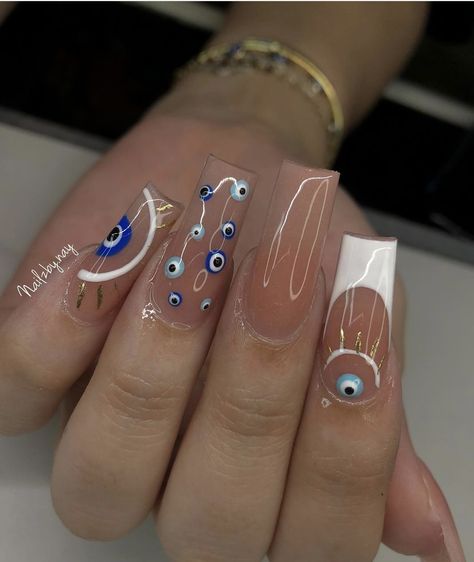 Paznokcie Hello Kitty, Evil Eye Nails, Milky Nails, Nagellack Trends, Edgy Nails, Evil Eyes, Long Square Acrylic Nails, Bling Acrylic Nails, Acrylic Nails Coffin Short