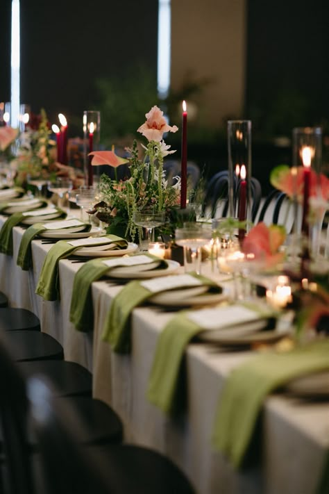 Green Tablescape, Green Lighting, Garden Dinner, Radiant Engagement, Lake Washington, Hyatt Regency, Deco Floral, Wedding Table Settings, Wedding Dinner