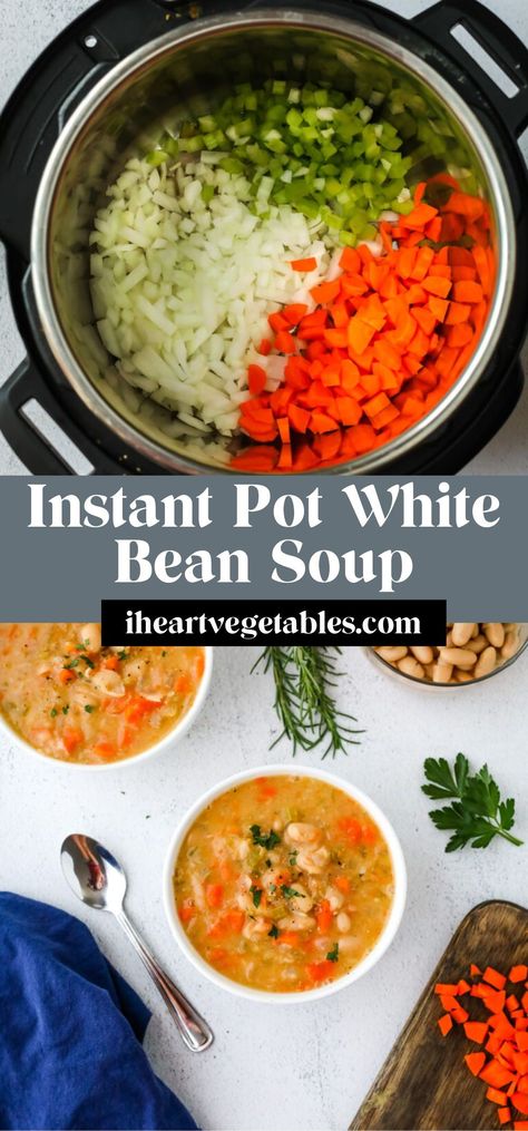 This Instant Pot White Bean Soup is infused with fresh rosemary and filled with lots of vegetables for a hearty, plant-based meal that comes together in minutes! Greek White Bean Soup Instant Pot, Instant Pot Bean Soup No Soak, White Bean Soup Instant Pot, Instant Pot Bean Soup, Instant Pot White Bean Soup, Bean Soup Instant Pot, Lima Bean Soup, Cannellini Beans Soup, Vegetarian Soups