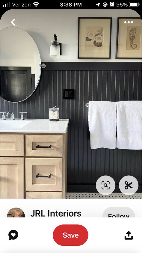 Black Beadboard Bathroom, Black Beadboard, Bathroom Beadboard, Tricorn Black, Dark Bathroom, Beadboard Bathroom, Basement Finishing, Dark Bathrooms, Finishing Basement