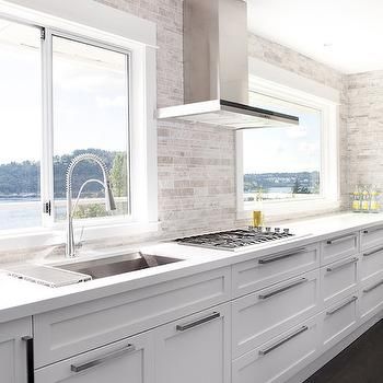 White Contemporary Kitchen, Kitchen Cabinets And Backsplash, Contemporary White Kitchen, Modern White Kitchen Cabinets, Backsplash Kitchen White Cabinets, No Upper Cabinets, Backsplash Design, Contemporary Kitchen Cabinets, White Kitchen Backsplash