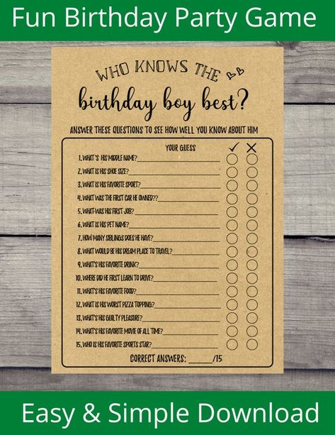 This activity can be done with your family and friends by having them guess the questions with a full of joy and pass the time. Easy to print at home and fun to play! NO PHYSICAL PRODUCT WILL BE SHIPPED ★ Matching Games★ Birthday Game Bundle for Him: https://www.etsy.com/listing/852865132 Birthday 30th Birthday Party Games, 40th Birthday Party Games, 50th Birthday Games, 40th Birthday Games, Birthday Trivia, Men Birthday Party, 30th Birthday Games, Adult Birthday Party Games, Birthday Games For Adults