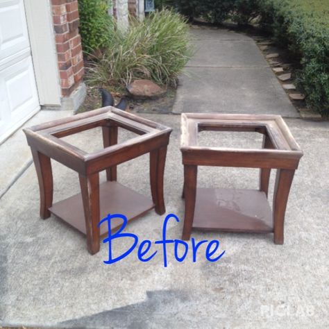 End Tables & Coffee Table Makeover - Here is a project we recently finished. These were some beat up pieces, glass inserts were gone and the legs of the coffee… Glass Coffee Table Makeover, Refurbished End Tables, Redo End Tables, Coffee Table Redo, Furniture Repurposing, Painted End Tables, Table Redo, End Table Makeover, Side Table Makeover