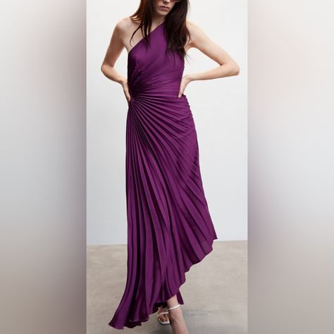 Mango Asymmetrical Pleated Dress Nwt Mango Dresses, Flowy Midi Dress, Mango Dress, Purple Dresses, Floral Print Dress Long, Full Length Dress, Black Sequin Dress, Black Long Sleeve Dress, Necklines For Dresses