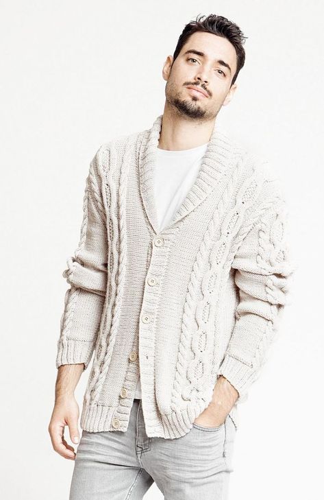 Free Knitting Pattern for a Cabled Man's Cardigan Cable Cardigan Knitting Patterns, Mens Shawl Collar Sweater, Mens Fashion Cardigan, Mens Shawl Collar Cardigan, Cardigan Free Pattern, Mens Knitted Cardigan, Fisherman Knit Sweater, Men Cardigan, Trendy Knitting