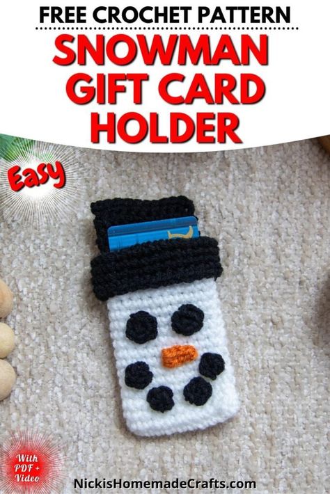 This holiday season, make an adorable crochet snowman gift card holder to give a handmade touch to a plain gift card. This sweet little guy is quick and easy to make for crocheters of any skill level! Get this and 23 other crochet gift ideas in the 2023 Advent Calendar Mystery Crochet Along from Nicki's Handmade Crafts! #christmascrochetideas #crochetsnowman #giftcardholder Mystery Crochet, Card Holder Pattern, Crochet Snowman, 17 December, Gift Card Holders, Snowman Gifts, Crochet Gift, Adorable Crochet, Christmas Patterns