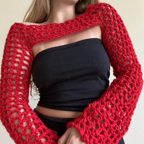 Red crochet bolero 🍒🍒🍒 #handmade #shawl #sleeves - Depop Yarn Clothes, Red Crochet, Knit Shrug, Crochet Bolero, Crochet Shrug, Shrug Cardigan, Red Yarn, Red Cardigan, Fashion Attire