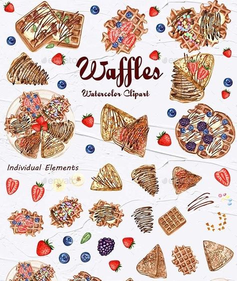 Waffles Watercolor, Waffle Clipart, Pancake Clipart, Breakfast Clipart, Relaxing Images, Bridesmaid Cups, Coffee Clipart, Food Clipart, Watercolor Clip Art