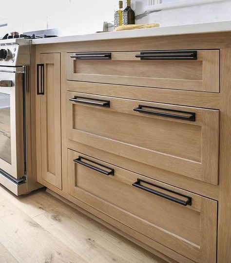 We love the juxtaposition of the raw, natural feel of our white oak cabinets with these contemporary matte black pulls!… Black Cabinet Pulls On Oak Cabinets, Duvall Kitchen, White Oak Kitchen Cabinets, White Oak Cabinets, Kitchen Cabinets And Backsplash, Black Pulls, Stained Kitchen Cabinets, Update Kitchen Cabinets, Interior Themes