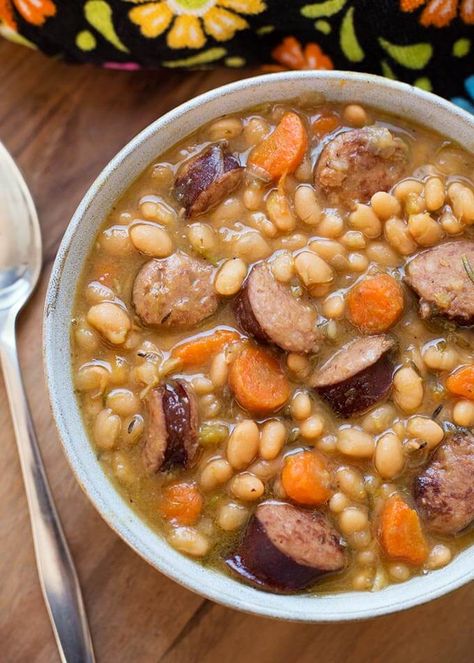 Instant Pot Sausage and White Beans is a hearty and delicious soup made with smoked sausage and white beans. Very easy to make, and much faster in your electric pressure cooker. Make this pressure cooker bean soup from dry beans in about an hour! Sausage And White Beans, Pressure Cooker Beans, Simply Happy Foodie, Bean And Sausage Soup, White Bean Recipes, Beans And Sausage, Crock Pot Recipes, Instant Pot Soup Recipes, Bean Soup Recipes