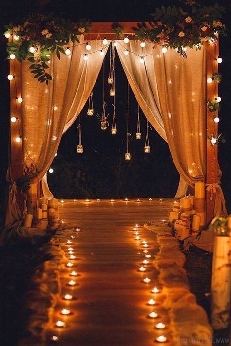 rustic country night wedding arch with lights #wedding #weddingideas #himisspuff #weddingbackdrops Candlelight Wedding Ceremony, Wedding Ceremony Backdrop Indoor, Pernikahan Outdoor, Night Wedding Ceremony, Vintage Wedding Reception, Candle Lit Wedding, Wedding Alters, Arch Ideas, Wedding Ceremony Ideas