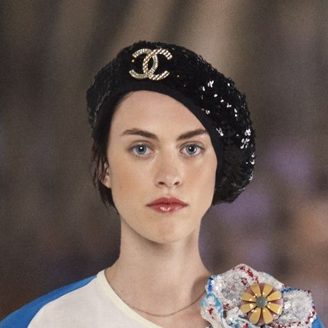 Sequin Beret Outfit, Chanel Beret, Chanel Hats, Sequin Beret, Beret Design, Beret Outfit, Chanel 2017, Chanel Hat, 1970's Fashion